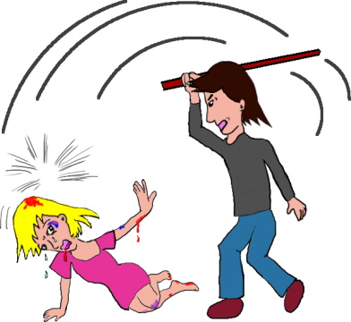 A man hits a gril with a stick.