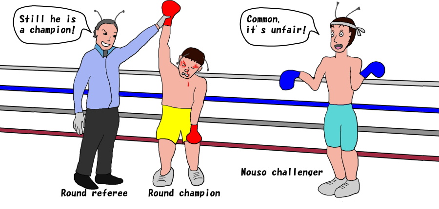 ボクシングに似たスポーツで、審判が依怙贔屓という絵（イラスト）