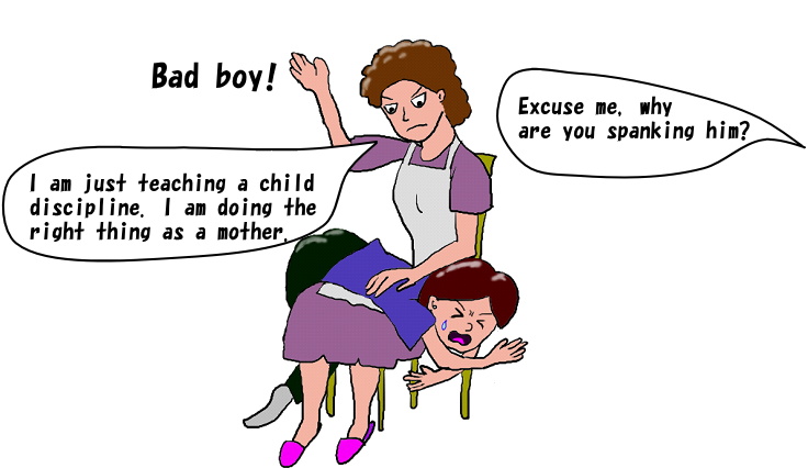A mother is giving her son a spank.
