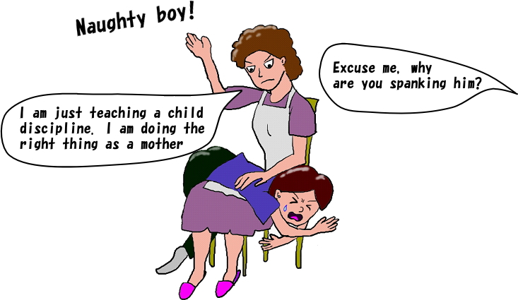 A mother is giving her son a spank.