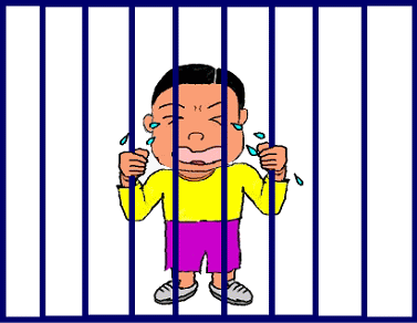 A boy who has committed a juvenile crime is crying in a jail.