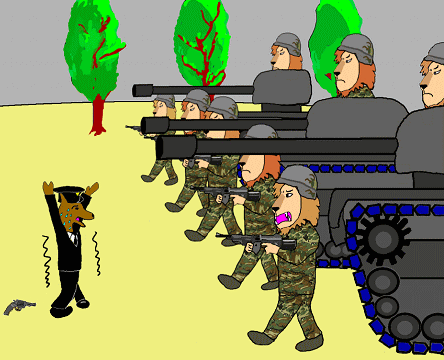 The police officer cannot move before the strong soldiers.