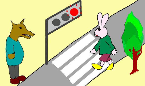 Mr. Rabbit is crossing when the light is red.