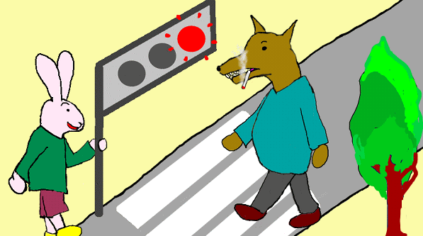 Mr.Wolf is crossing even though the light is red.