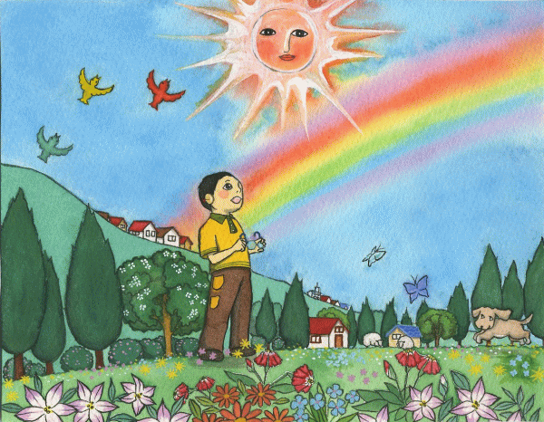 a dog, a rainbow, the sun, birds, the boy -1