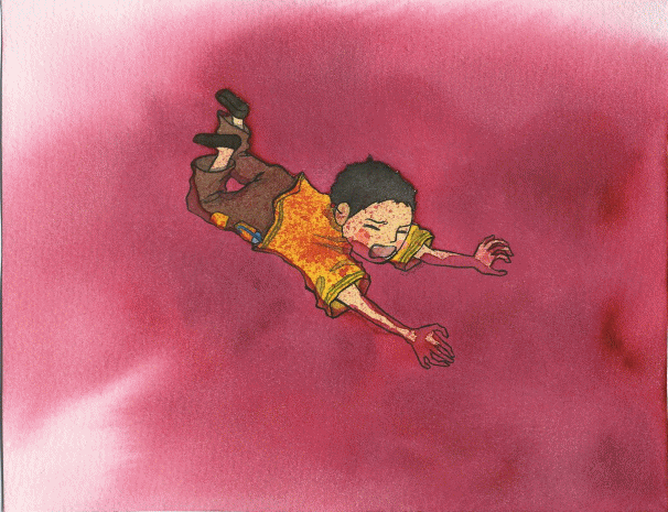 illustration of the boy slipping on something red