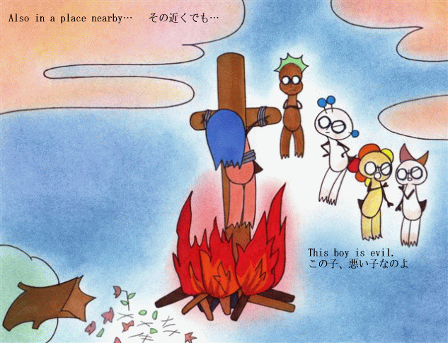 A boy is burnt alive at the stake.
